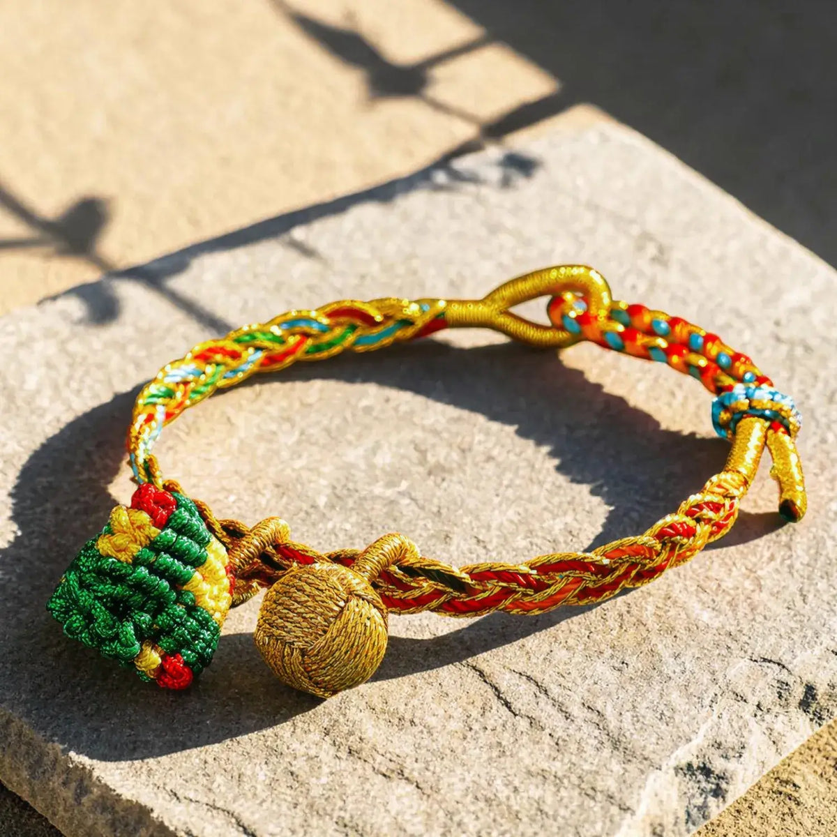 A colorful braided cord bracelet with a small green and yellow decorative charm and a gold ball accent, displayed on a stone surface in warm sunlight.