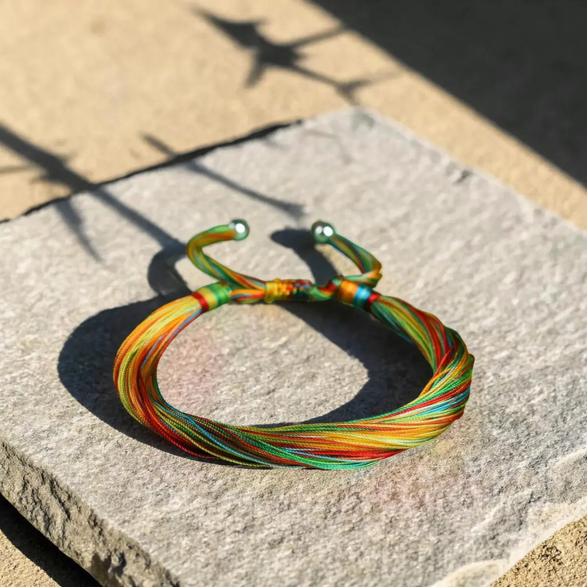 A multicolor braided cord bracelet with green metal toggle sliders, resting on a textured gray stone slab in direct sunlight.