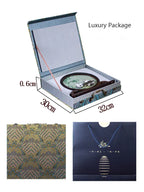 Luxury package with a jade pendant and dimensions displayed