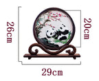 Decorative plate with panda design on a wooden stand, showing dimensions.