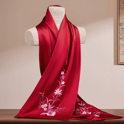 19 Momme Pure Mulberry Silk Scarf with Handmade Embroidery - Luxury Gift Box Included