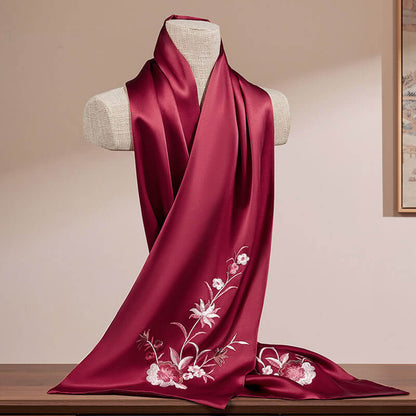 19 Momme Pure Mulberry Silk Scarf with Handmade Embroidery - Luxury Gift Box Included