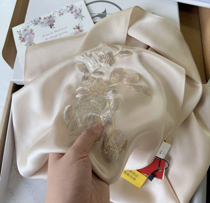19 Momme Pure Mulberry Silk Scarf with Handmade Embroidery - Luxury Gift Box Included