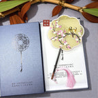 Decorative Chinese fan with floral design and tassel in a box on a textured surface.