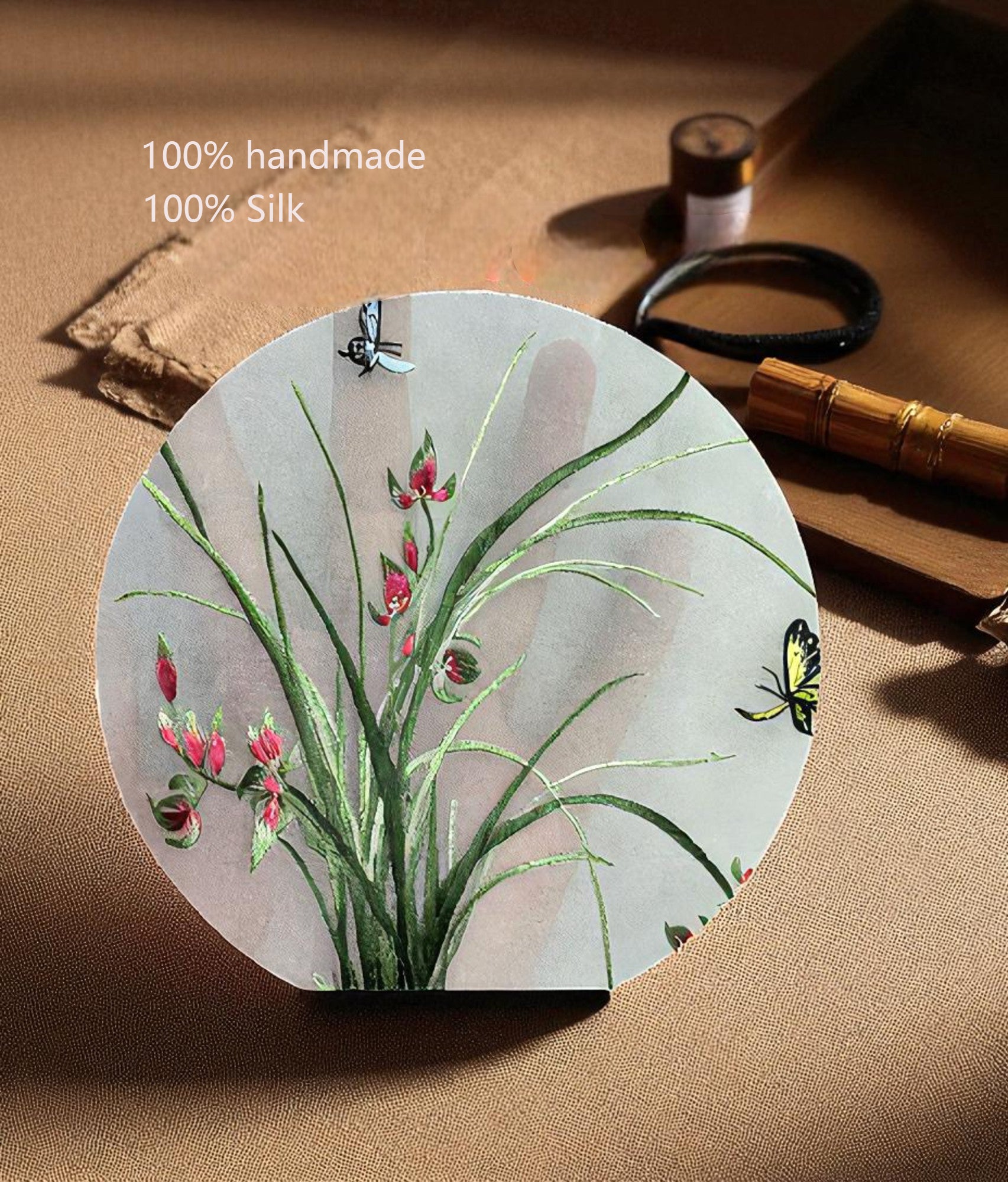 Silk fabric with floral design on a textured surface