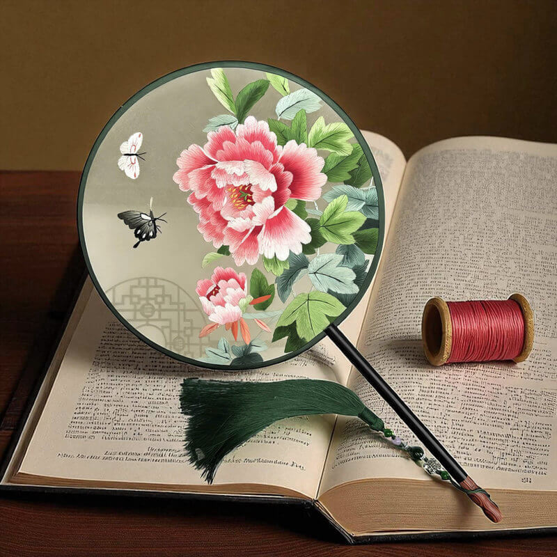 Decorative fan with floral design on an open book