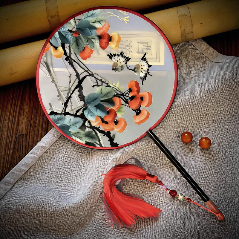 Decorative fan with floral design and red tassel on a textured surface