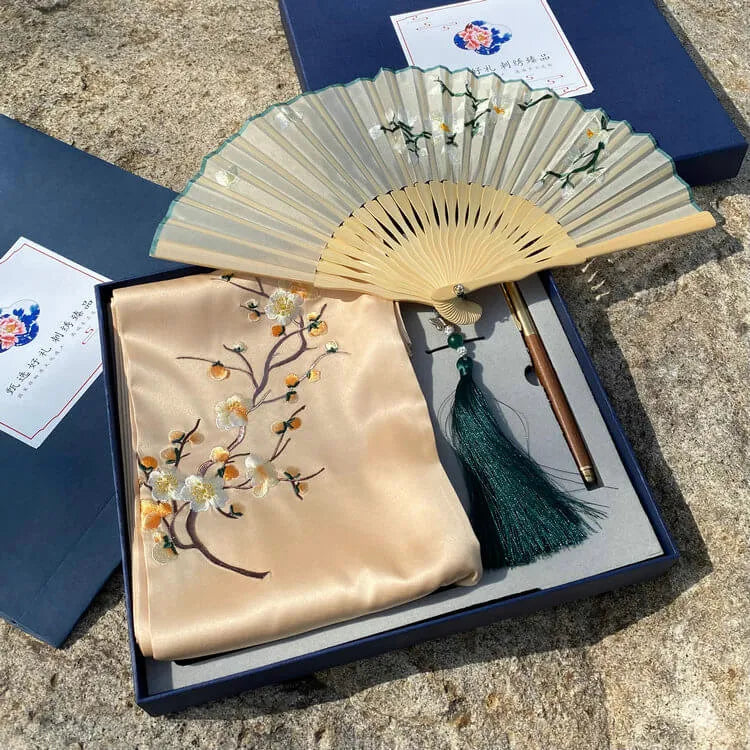 Handmade Suzhou Embroidery Silk Scarf & Folding Fan Gift Set - Traditional Chinese Artisan Business Gift