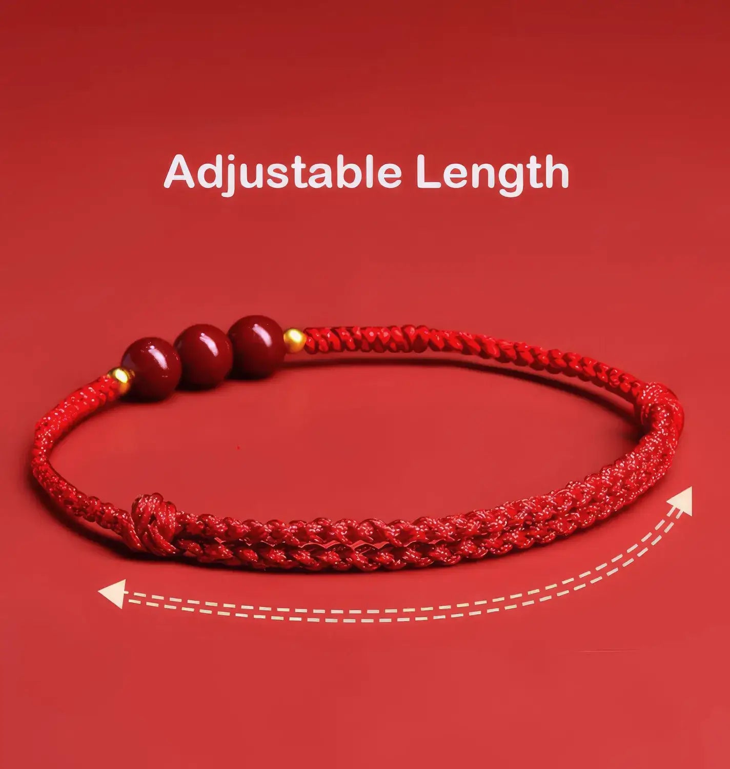 Red adjustable bracelet on a red background with text 'Adjustable Length'.