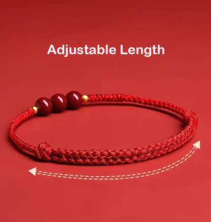 Red adjustable bracelet on a red background with text 'Adjustable Length'.