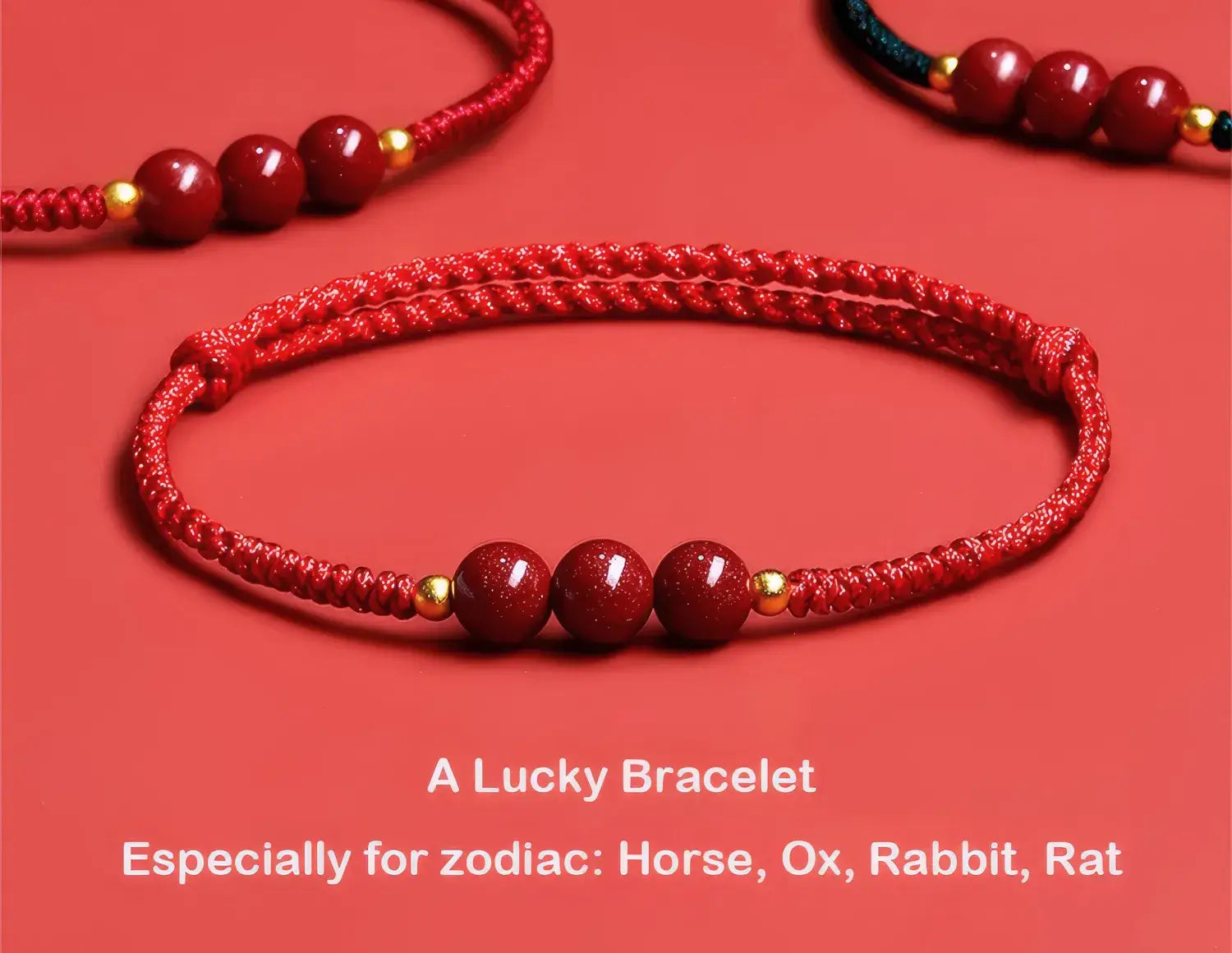 Red lucky bracelet with beads on a red background