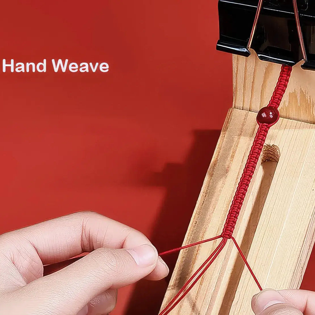 Hand weaving red string on a wooden loom with '100% Hand Weave' text on a red background.