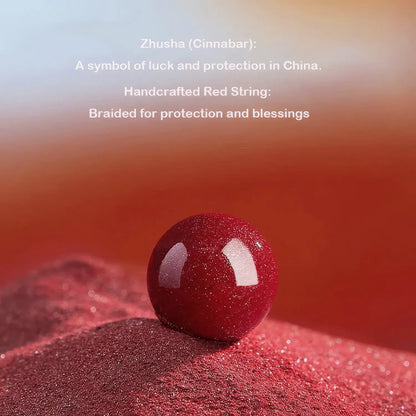 Red cinnabar stone with text about Zhusha and red string in China.