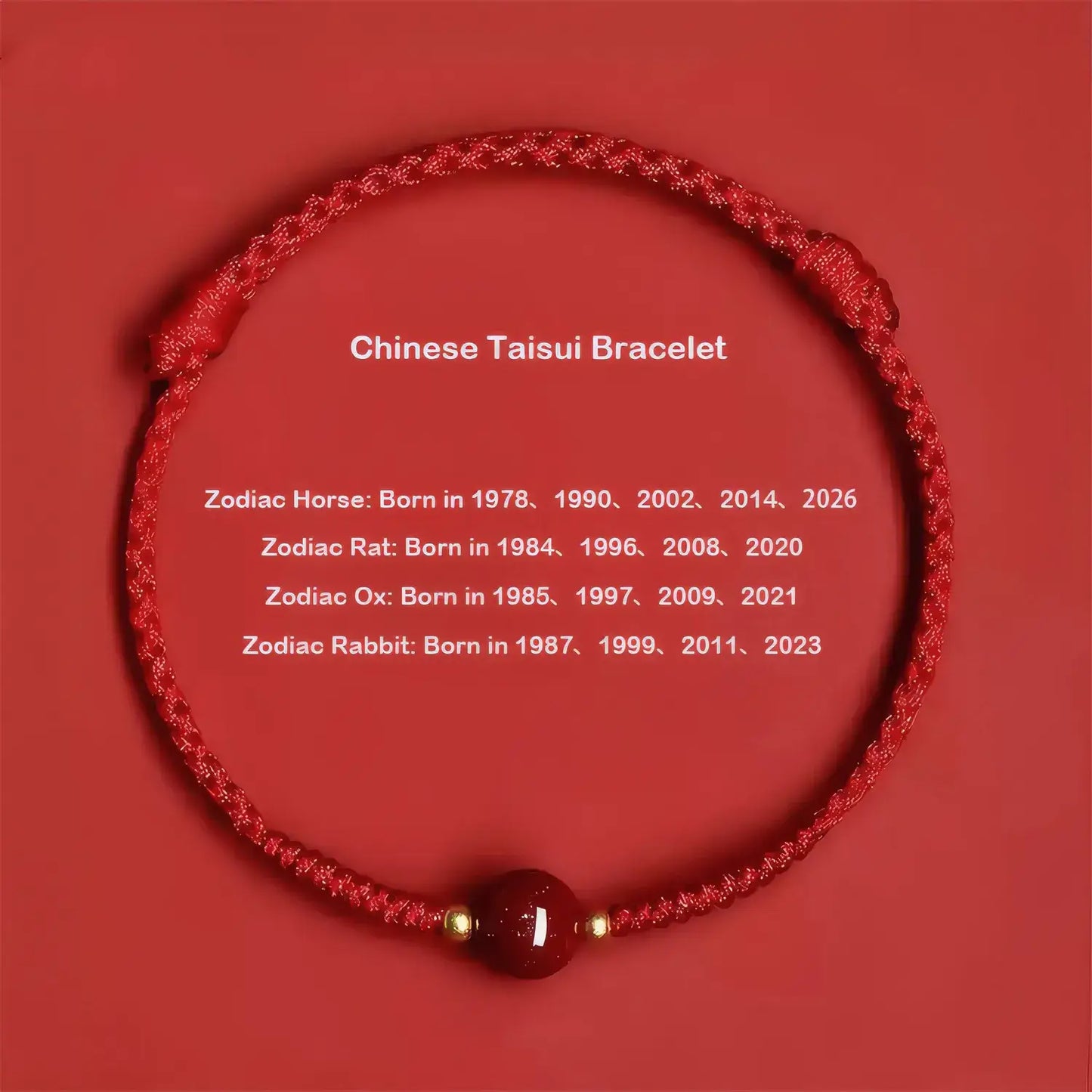 Red Chinese Taisui Bracelet with zodiac compatibility information on a red background