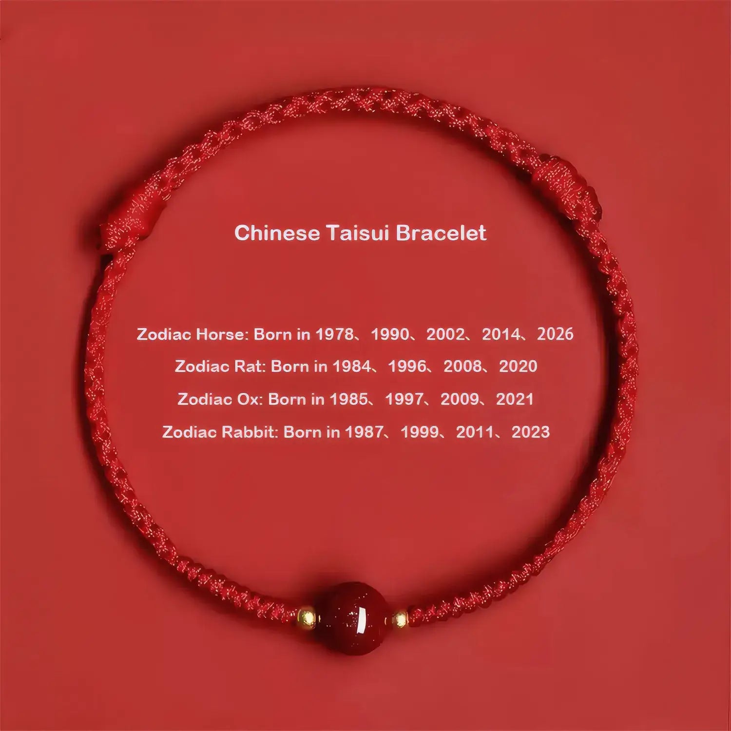 Red Chinese Taisui Bracelet with zodiac compatibility information on a red background