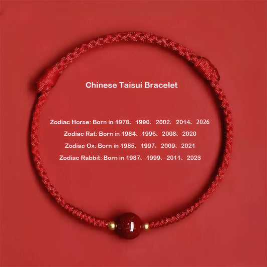 Red Chinese Taisui Bracelet with zodiac compatibility information on a red background