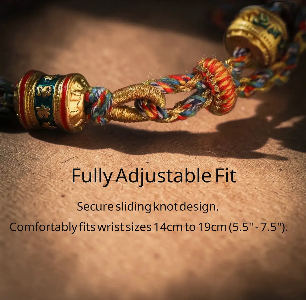 Decorative bracelet with gold and colorful beads on a textured surface, featuring text about adjustable fit.