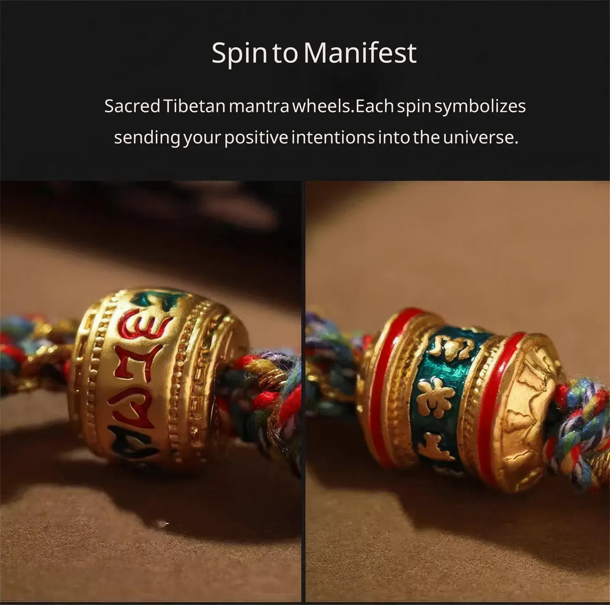 Sacred Tibetan mantra wheels with text explaining their use.