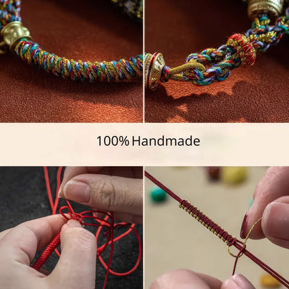 A four-panel collage showing a handmade braided cord bracelet or necklace with gold-toned metal beads and a central text banner reading '100% Handmade.' The top panels show close-ups of the colorful braid on a brown surface, while the bottom panels show hands threading the cord and knotting it.