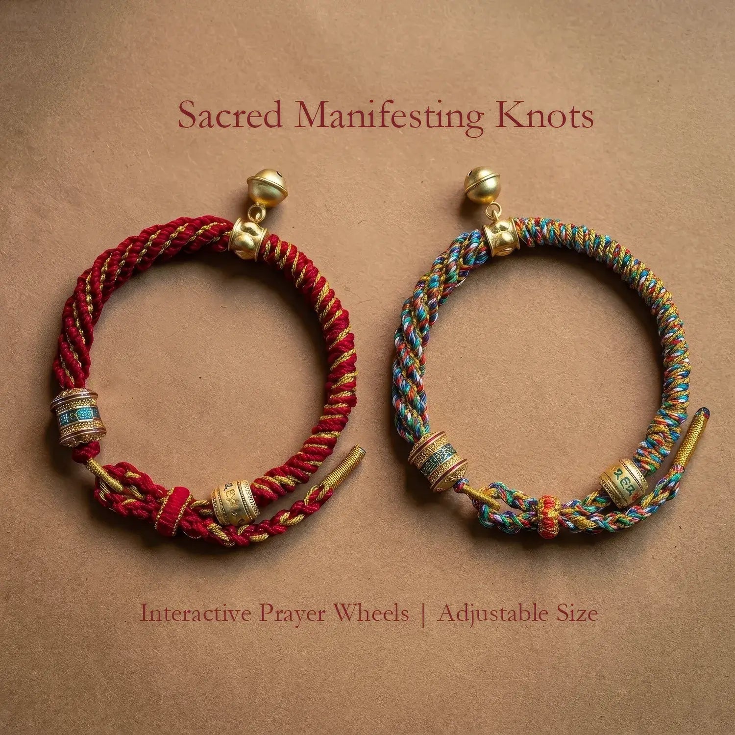 Two braided bracelets with beads on a brown background, labeled 'Sacred Manifesting Knots'.