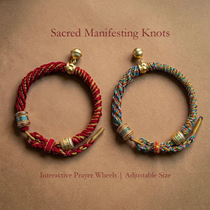 Two braided bracelets with beads on a brown background, labeled 'Sacred Manifesting Knots'.