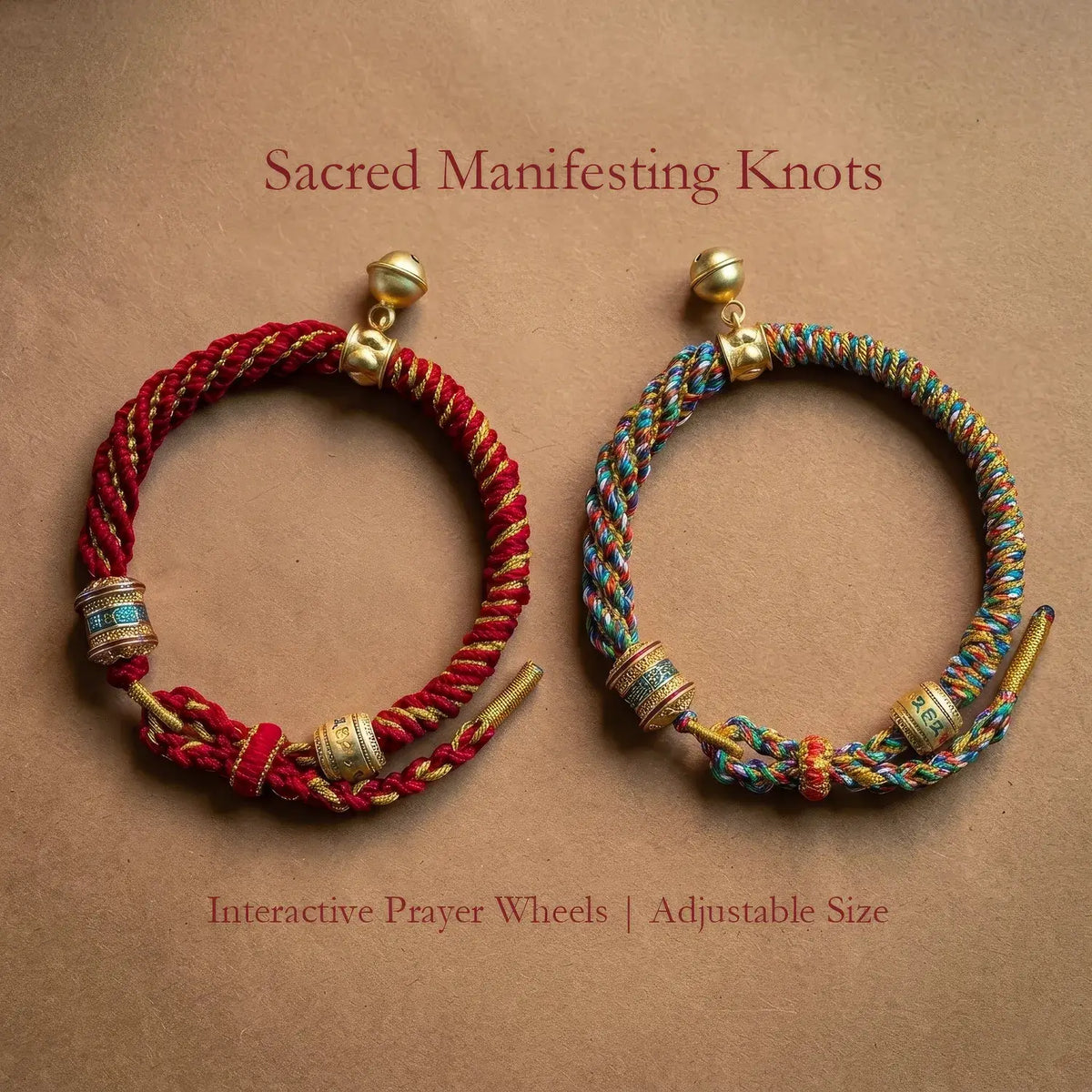 Two braided cord bracelets labeled 'Sacred Manifesting Knots' and 'Interactive Prayer Wheels | Adjustable Size' are displayed on a brown textured background. One bracelet is red with gold and light blue accents, and the other is multicolor with gold and light blue accents.