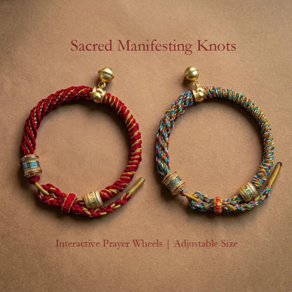 Two braided cord bracelets labeled 'Sacred Manifesting Knots' and 'Interactive Prayer Wheels | Adjustable Size' are displayed on a brown textured background. One bracelet is red with gold and light blue accents, and the other is multicolor with gold and light blue accents.