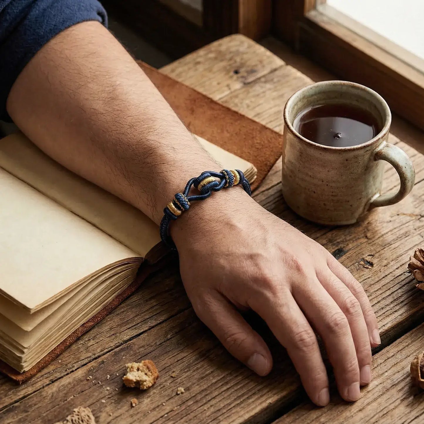 Hand with a bracelet on an open book next to a mug of tea on a wooden surface