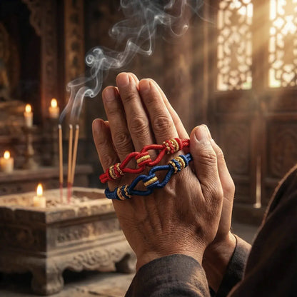 Hands holding colorful bracelets with incense smoke and candles in the background