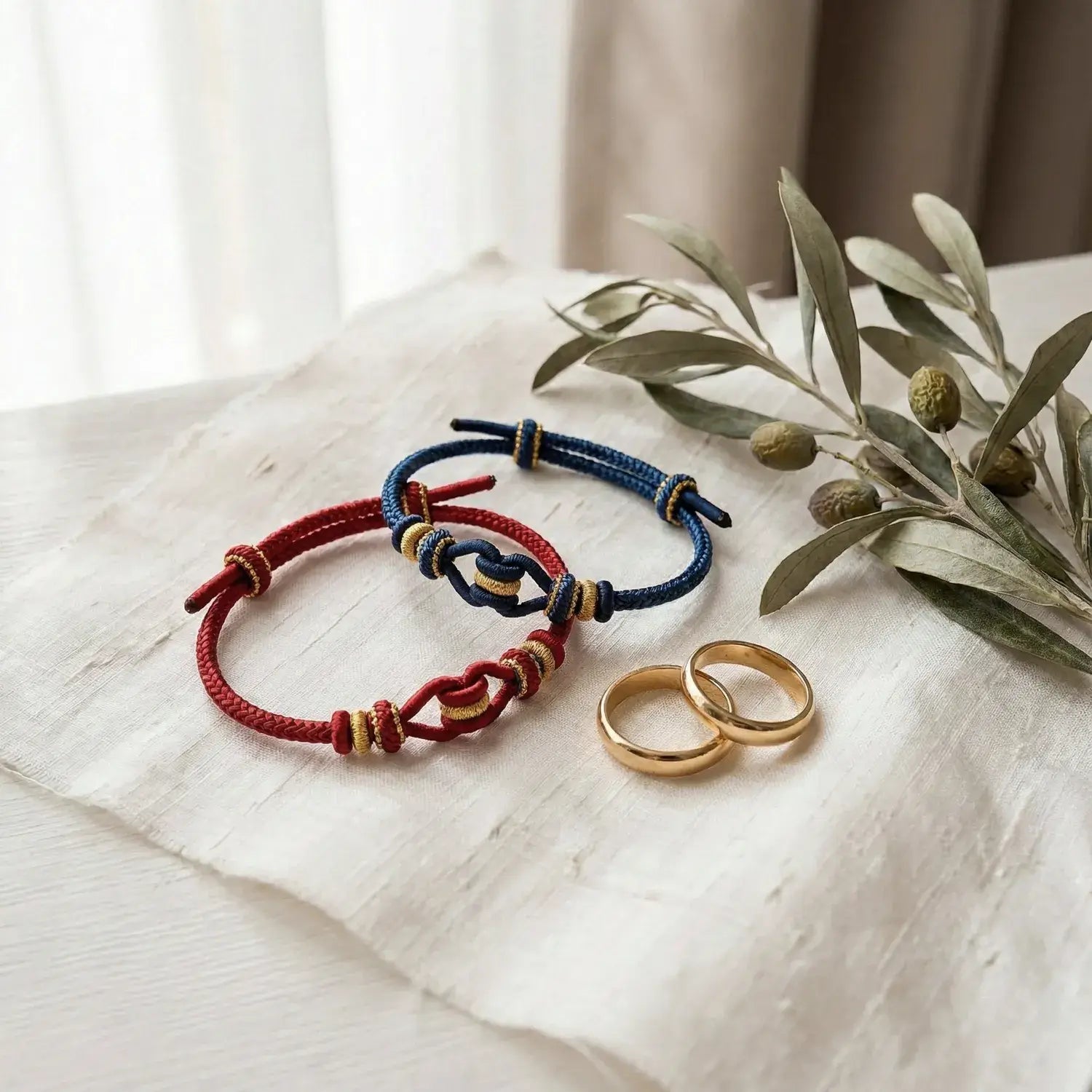 Two bracelets and a ring on a white surface with a plant in the background