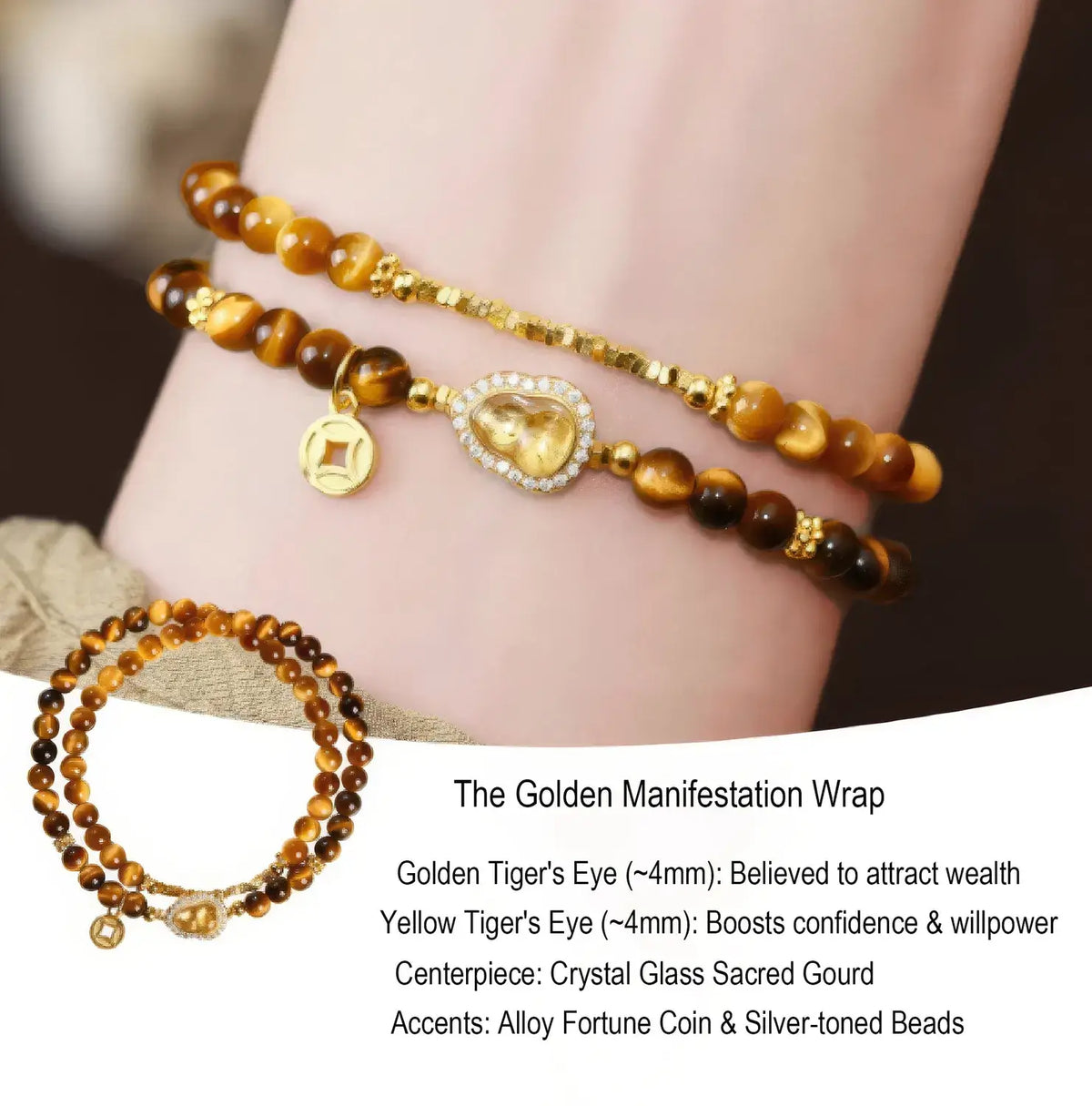 A close-up of a person's wrist wearing a double-strand bracelet set with tiger's eye beads, gold-toned beads, a crystal-glass sacred gourd centerpiece, and a gold fortune coin charm. A smaller inset shows the bracelet laid flat, with text describing the 'Golden Manifestation Wrap' and listing materials.