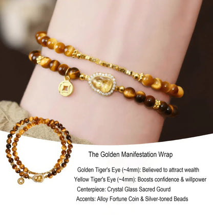A close-up of a person's wrist wearing a double-strand bracelet set with tiger's eye beads, gold-toned beads, a crystal-glass sacred gourd centerpiece, and a gold fortune coin charm. A smaller inset shows the bracelet laid flat, with text describing the 'Golden Manifestation Wrap' and listing materials.