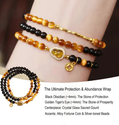 Three beaded wrap bracelets displayed on a person's wrist, with a smaller inset of the bracelets coiled. The bracelets feature black and golden-brown beads, gold-toned accents, and a central crystal-like gourd centerpiece.