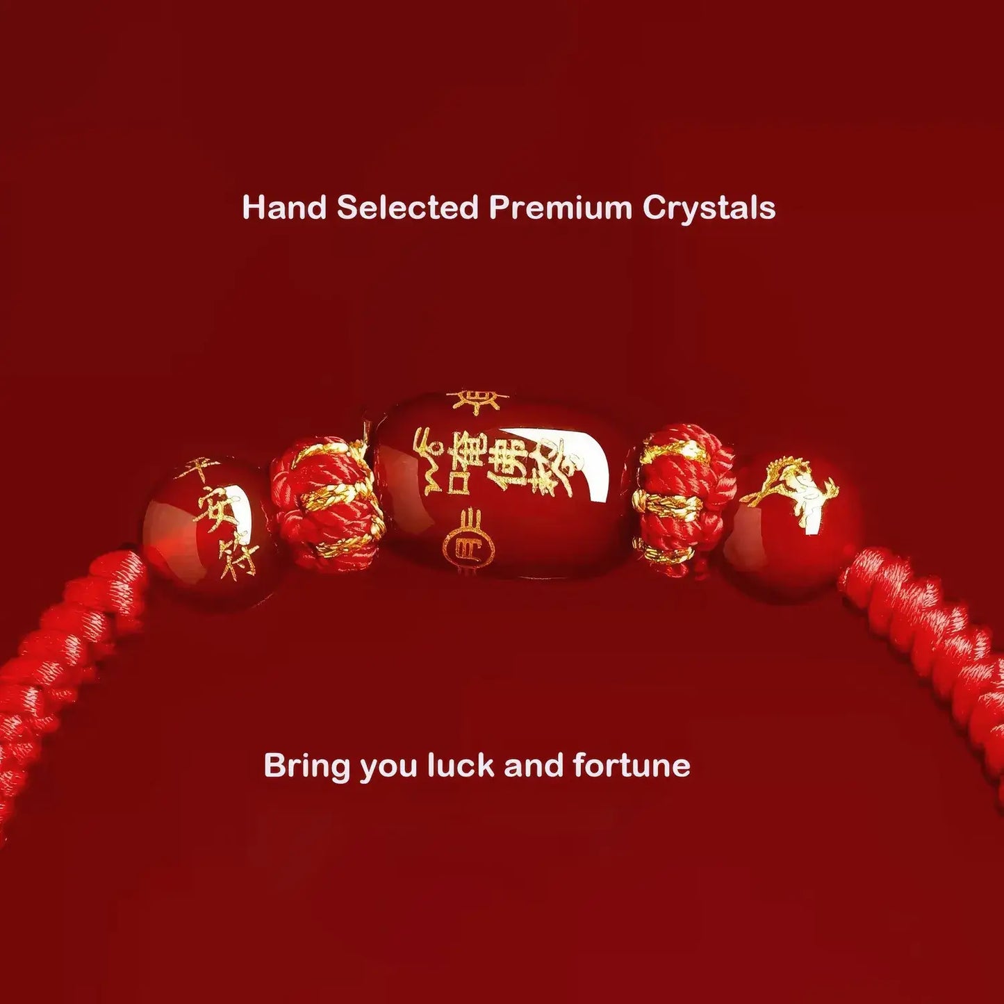 Red crystal bracelet with gold accents on a red background, labeled 'Hand Selected Premium Crystals, Bring you luck and fortune'.