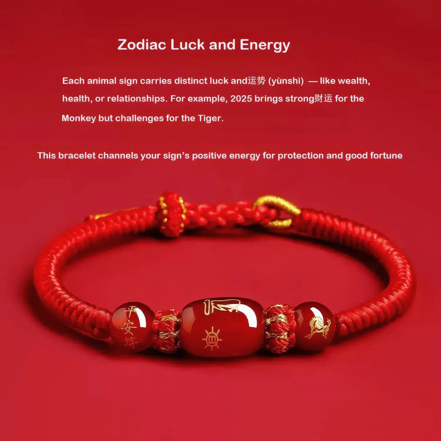 Red bracelet with gold accents on a red background, featuring text about zodiac luck and energy.