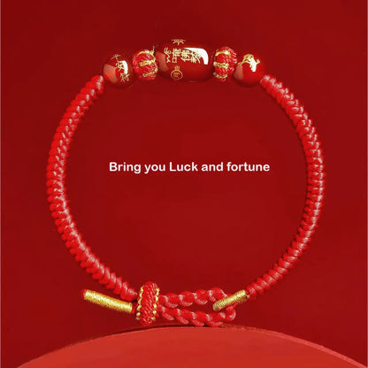 Red braided bracelet with gold accents on a red background, featuring text 'Bring you Luck and fortune'.