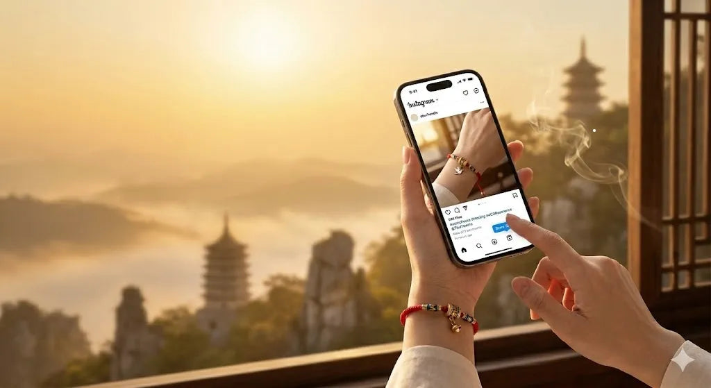 Person holding a smartphone with a shopping app against a scenic background