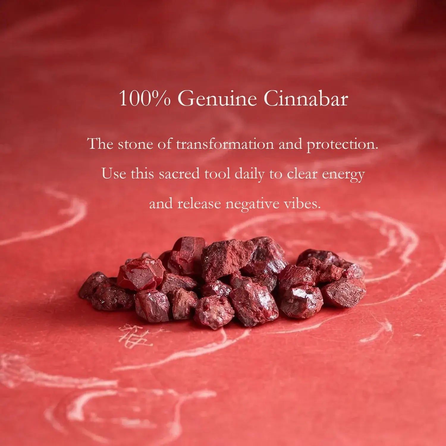 Genuine cinnabar stones on a red background with text about its properties.