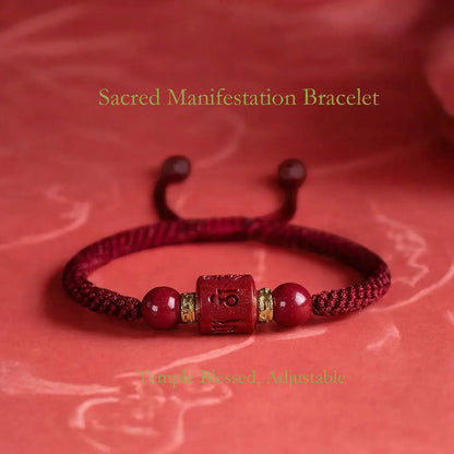 Red 'Sacred Manifestation Bracelet' with beads on a red background