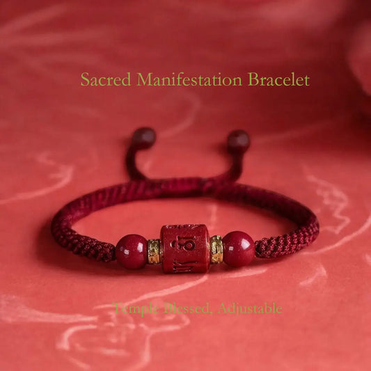 Red 'Sacred Manifestation Bracelet' with beads on a red background