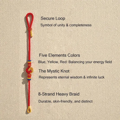 Red bracelet with mystical knot on a beige background