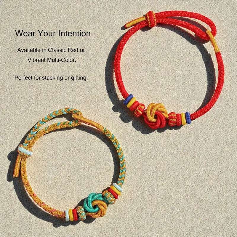 Two colorful bracelets on a beige background with text about availability and usage.