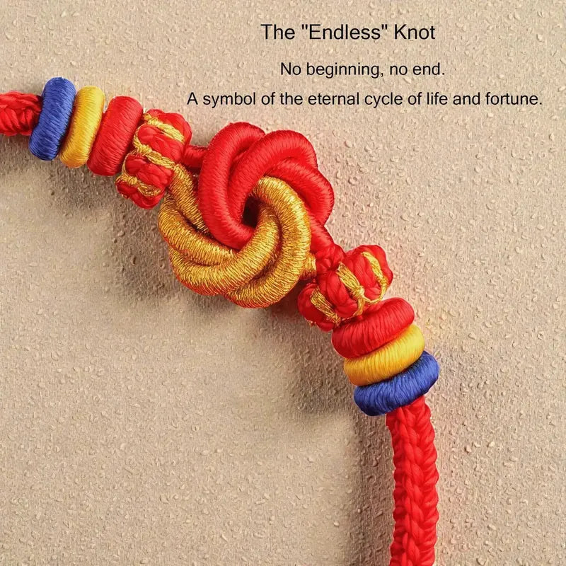 Colorful 'Endless' knot with text on a beige background