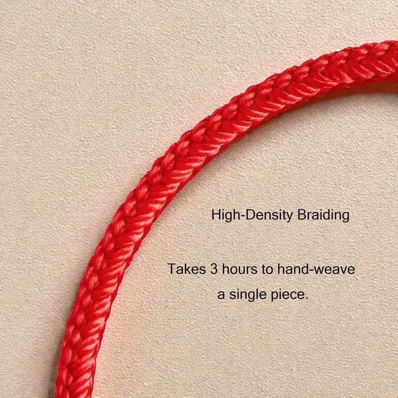 Red braided cord with text on high-density braiding and hand-weaving time.