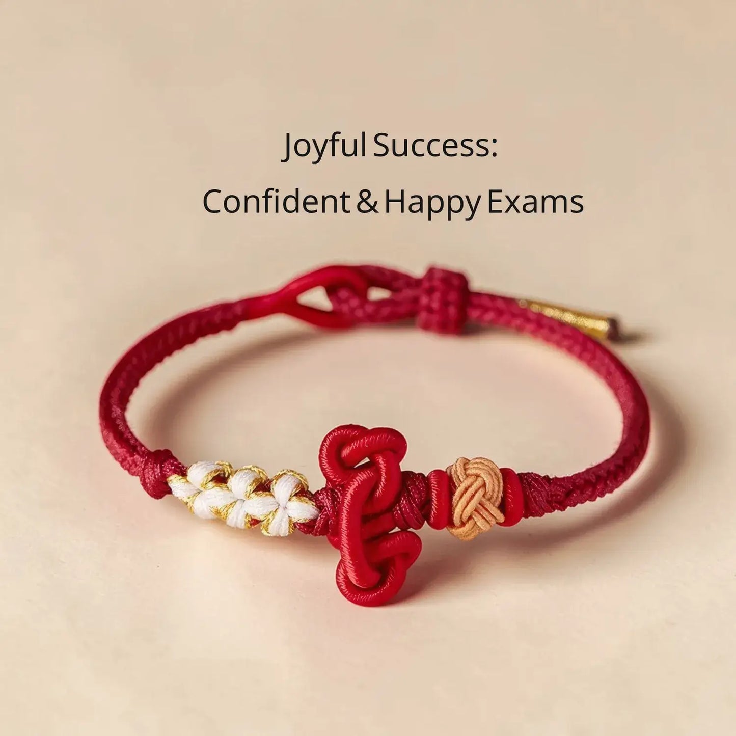 Red bracelet with gold and white accents on a beige background, featuring text 'Joyful Success: Confident & Happy Exams'.