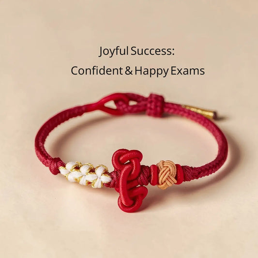 Red bracelet with gold and white accents on a beige background, featuring text 'Joyful Success: Confident & Happy Exams'.