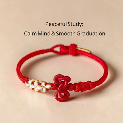 Red bracelet with gold accents and white beads on a beige background, labeled 'Peaceful Study: Calm Mind & Smooth Graduation'.