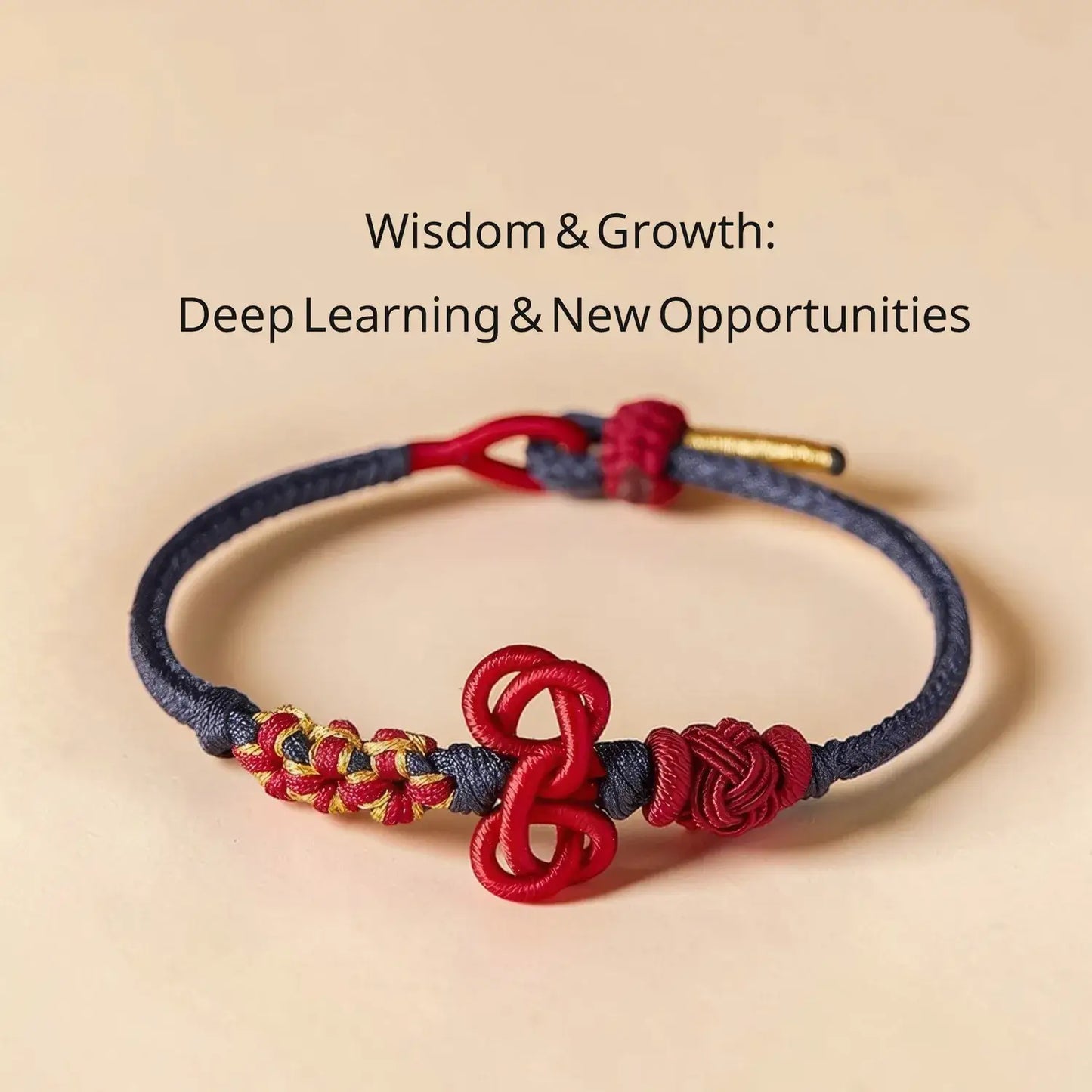 Bracelet with red and blue cord on a beige background, featuring text 'Wisdom & Growth: Deep Learning & New Opportunities'.