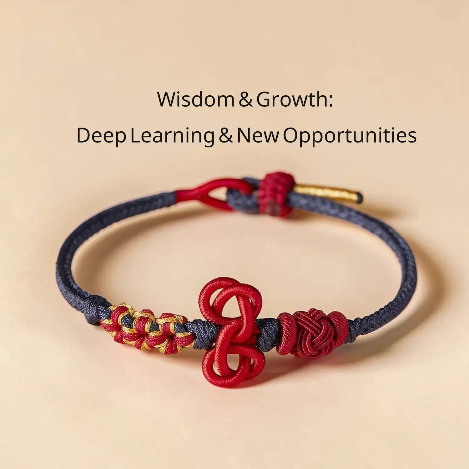 Bracelet with red and blue cord on a beige background, featuring text 'Wisdom & Growth: Deep Learning & New Opportunities'.