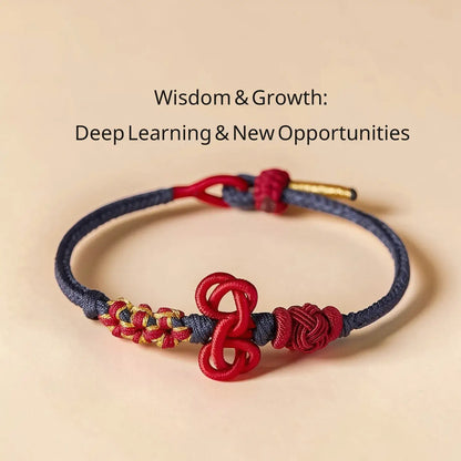 Bracelet with red and blue cord on a beige background, featuring text 'Wisdom & Growth: Deep Learning & New Opportunities'.